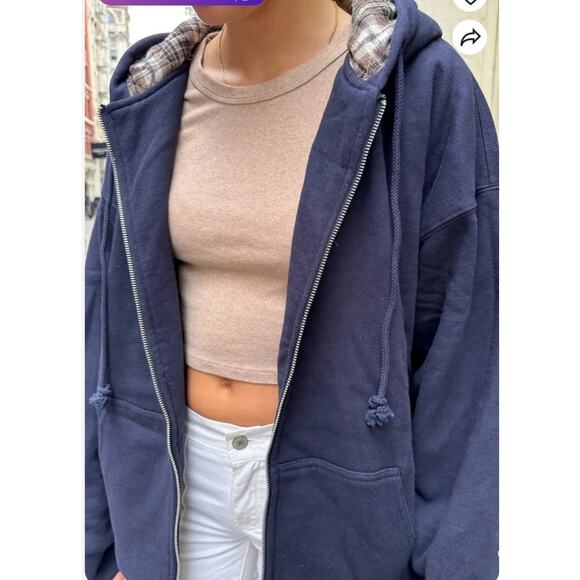 Brandy Melville Womens Blue Oversized Christy Plaid Hoodie Size Large XL NEW - Picture 2 of 16